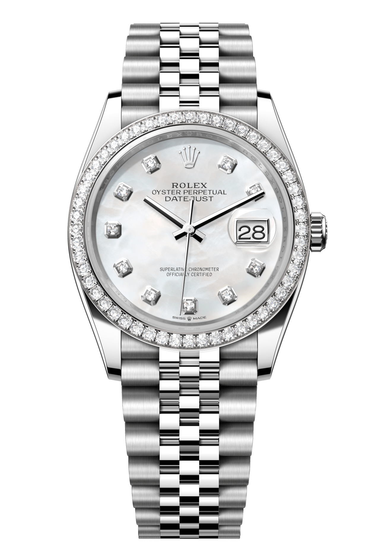 Rolex Oyster Perpetual Datejust 36 in Oystersteel and white gold features a white mother-of-pearl, diamond-set dial and a Jubilee bracelet 126284RBR