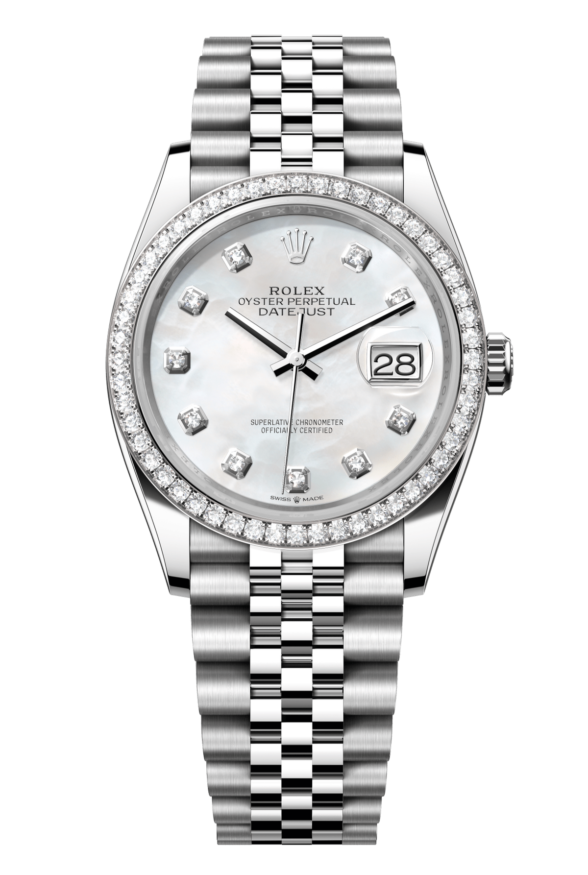 Rolex Oyster Perpetual Datejust 36 in Oystersteel and white gold features a white mother-of-pearl, diamond-set dial and a Jubilee bracelet 126284RBR