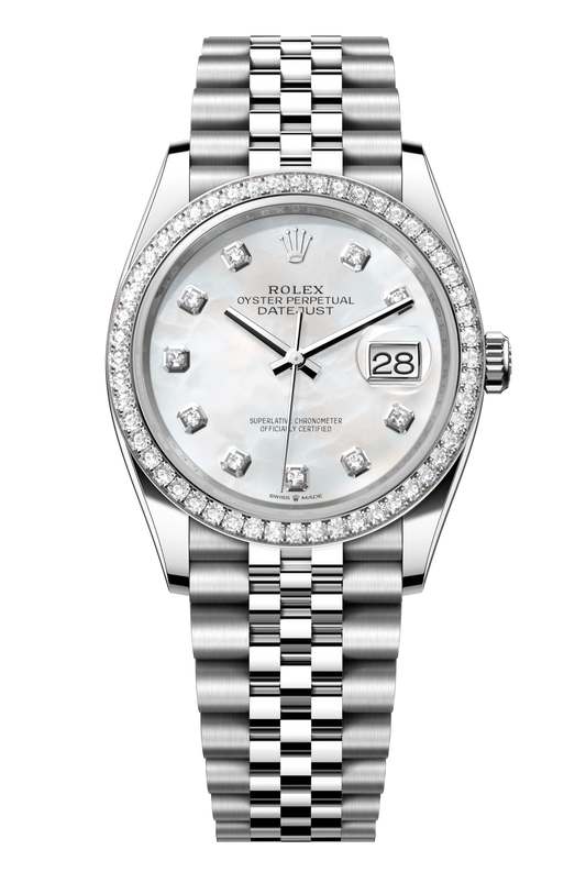 Rolex Oyster Perpetual Datejust 36 in Oystersteel and white gold features a white mother-of-pearl, diamond-set dial and a Jubilee bracelet 126284RBR