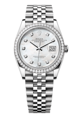 Rolex Oyster Perpetual Datejust 36 in Oystersteel and white gold features a white mother-of-pearl, diamond-set dial and a Jubilee bracelet 126284RBR