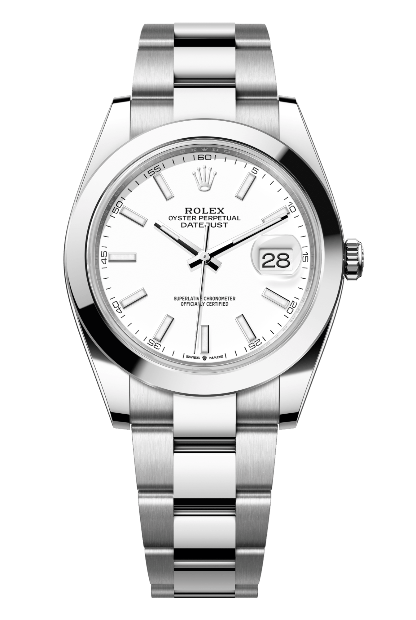 Rolex Oyster Perpetual Datejust 41 in Oystersteel features a white dial and an Oyster bracelet 126300-White