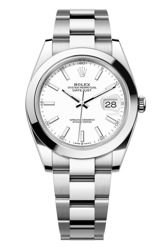 Rolex Oyster Perpetual Datejust 41 in Oystersteel features a white dial and an Oyster bracelet 126300-White