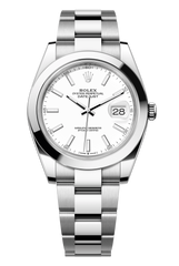 Rolex Oyster Perpetual Datejust 41 in Oystersteel features a white dial and an Oyster bracelet 126300-White