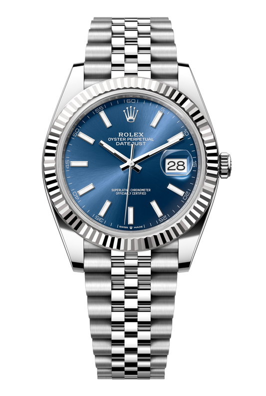 Rolex Oyster Perpetual Datejust 41 in Oystersteel and white gold features a bright blue dial and a Jubilee bracelet 126334-Blue