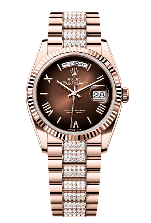 Day-Date 36 Oyster, 36 mm, Everose gold, Brown dial with Diamond Bracelet 128235