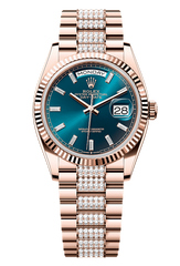 Day-Date 36 Oyster, 36 mm, Everose gold, Blue dial with Diamond Bracelet 128235