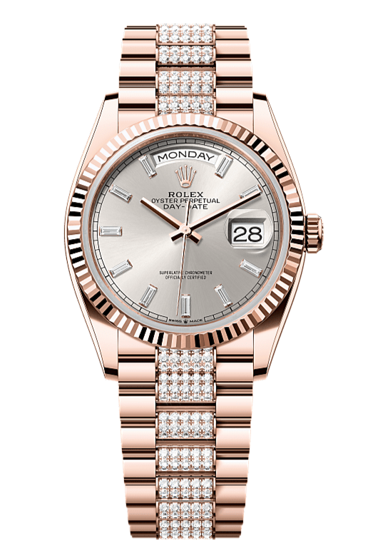 Day-Date 36 Oyster, 36 mm, Everose gold, Silver dial with Diamond Bracelet 128235