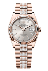 Day-Date 36 Oyster, 36 mm, Everose gold, Silver dial with Diamond Bracelet 128235