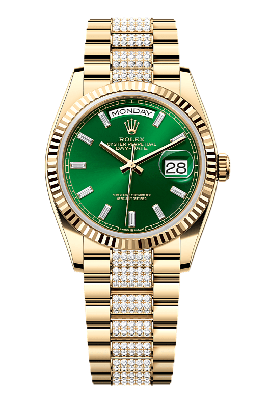 Day-Date 36 Oyster, 36 mm, yellow gold, Green dial with Diamond Bracelet 128238