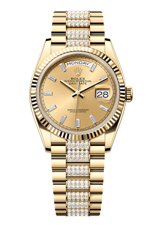 Day-Date 36 Oyster, 36 mm, yellow gold, Champagne dial with Diamond Bracelet 128238