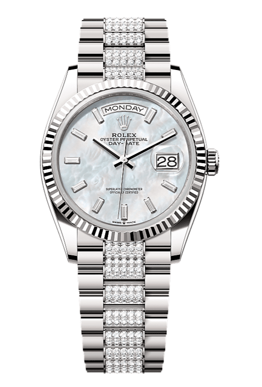 Day-Date 36 Oyster, 36 mm, white gold, Mother of Pearl dial with Diamond Bracelet 128239