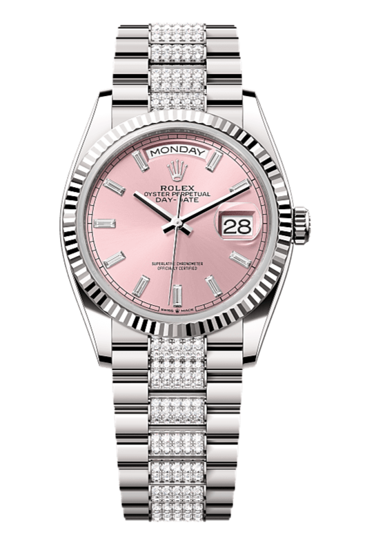 Day-Date 36 Oyster, 36 mm, white gold, Pink dial with Diamond Bracelet 128239