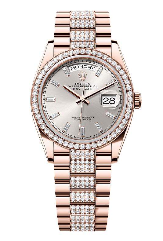 Day-Date 36 Oyster, 36 mm, Everose gold and diamonds, Silver dial with Diamond Bracelet 128345RBR