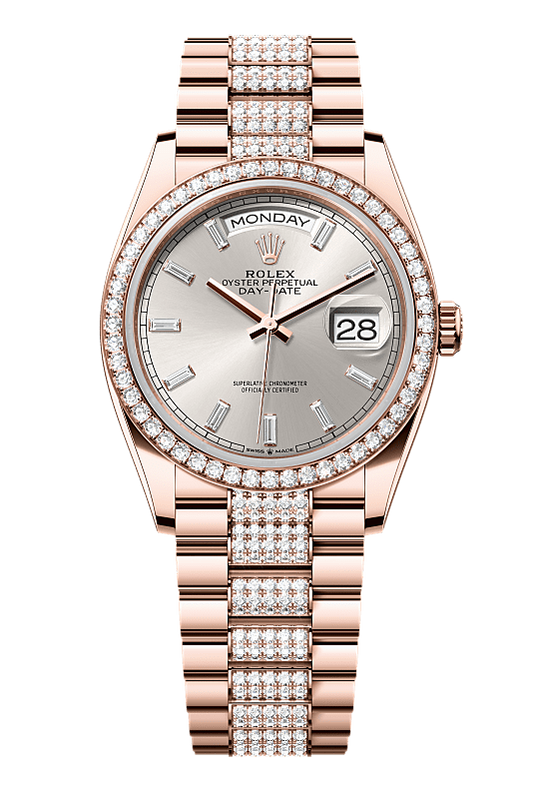 Day-Date 36 Oyster, 36 mm, Everose gold and diamonds, Silver dial with Diamond Bracelet 128345RBR