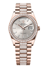 Day-Date 36 Oyster, 36 mm, Everose gold and diamonds, Silver dial with Diamond Bracelet 128345RBR