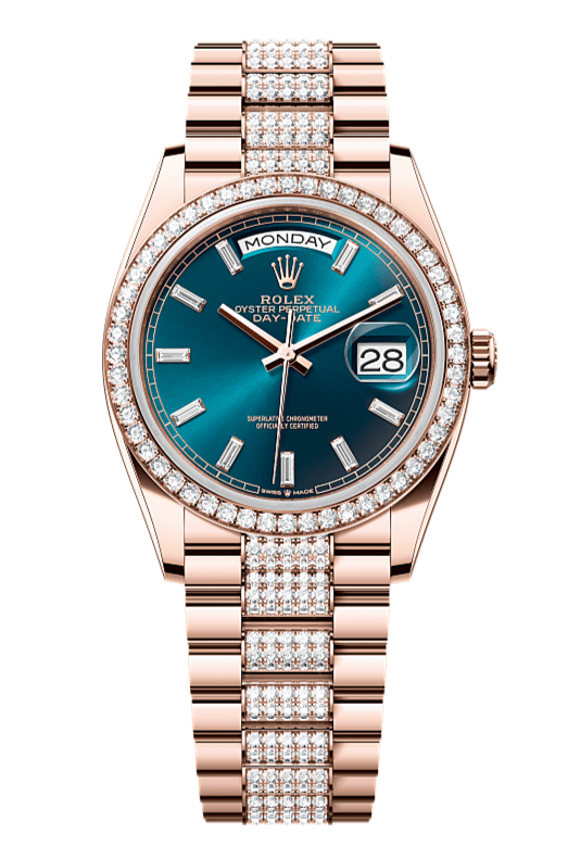 Day-Date 36 Oyster, 36 mm, Everose gold and diamonds, Blue dial with Diamond Bracelet 128345RBR