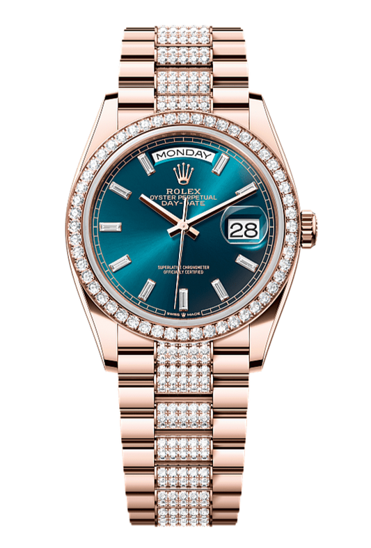 Day-Date 36 Oyster, 36 mm, Everose gold and diamonds, Blue dial with Diamond Bracelet 128345RBR