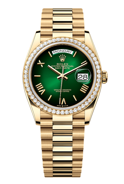 Day-Date 36 Oyster, 36 mm, yellow gold and diamonds, Dark Green 128348RBR