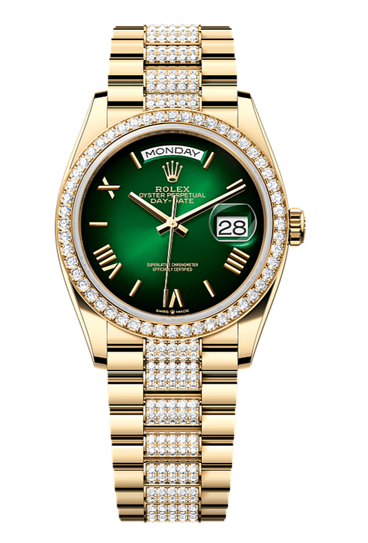 Day-Date 36 Oyster, 36 mm, yellow gold and diamonds, Darg Green dial with Diamond Bracelet 128348RBR