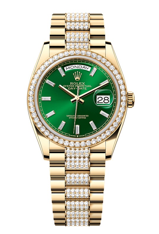 Day-Date 36 Oyster, 36 mm, yellow gold and diamonds, Green dial with Diamond Bracelet 128348RBR