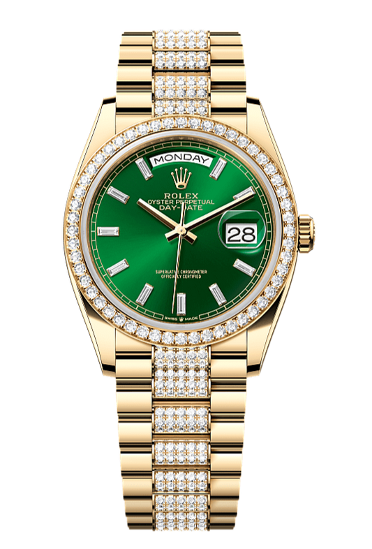 Day-Date 36 Oyster, 36 mm, yellow gold and diamonds, Green dial with Diamond Bracelet 128348RBR