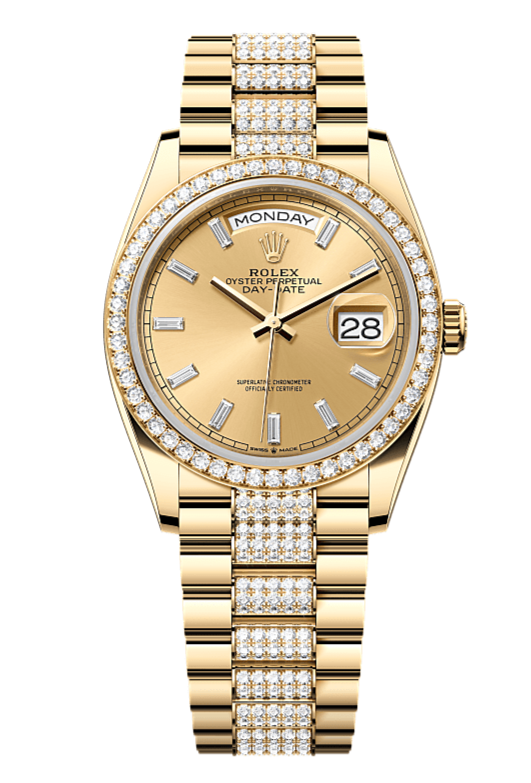 Day-Date 36 Oyster, 36 mm, yellow gold and diamonds, Champagne dial with Diamond Bracelet 128348RBR