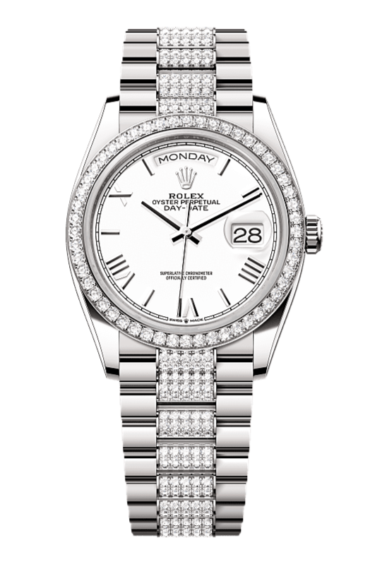 Day-Date 36 Oyster, 36 mm, white gold and diamonds, White dial with Diamond Bracelet 128349RBR