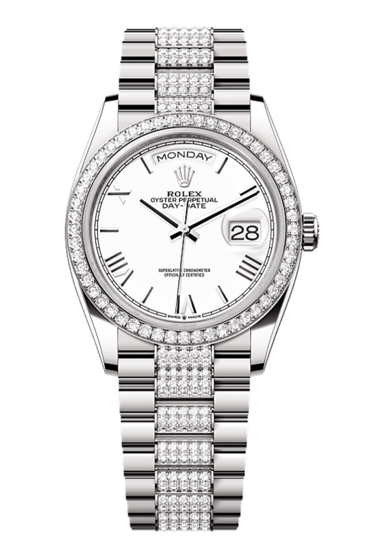 Day-Date 36 Oyster, 36 mm, white gold and diamonds, White dial with Diamond Bracelet 128349RBR