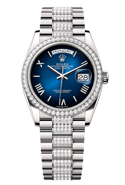 Day-Date 36 Oyster, 36 mm, white gold and diamonds, Blue dial with Diamond Bracelet 128349RBR