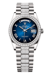 Day-Date 36 Oyster, 36 mm, white gold and diamonds, Blue dial with Diamond Bracelet 128349RBR