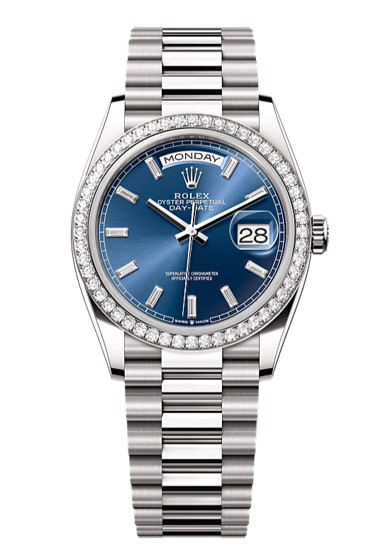 Day-Date 36 Oyster, 36 mm, white gold and diamonds, Ice Blue dial with Diamond Bracelet 128349RBR