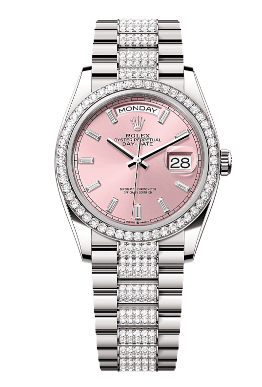 Day-Date 36 Oyster, 36 mm, white gold and diamonds, Pink dial with Diamond Bracelet 128349RBR