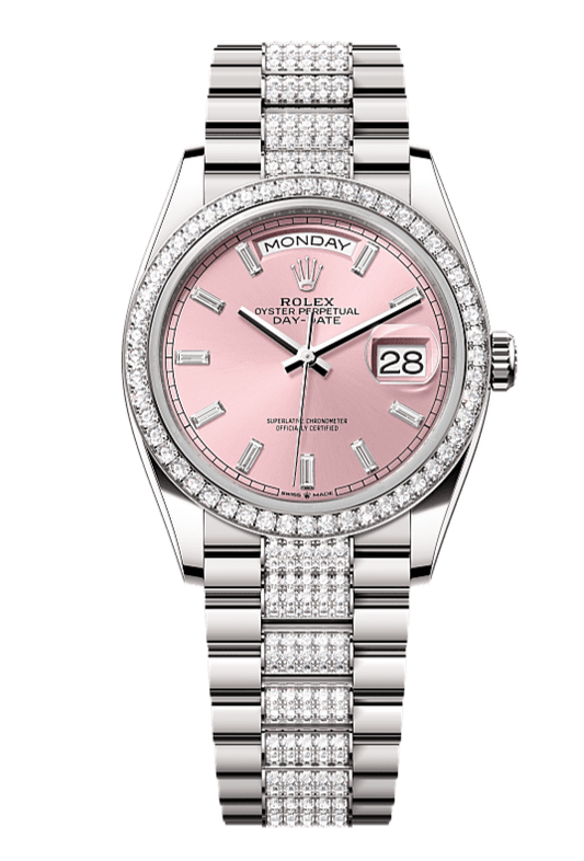 Day-Date 36 Oyster, 36 mm, white gold and diamonds, Pink dial with Diamond Bracelet 128349RBR