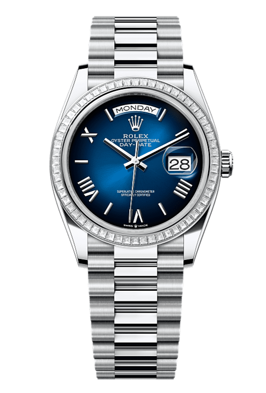 Day-Date 36 Oyster, 36 mm, platinum and diamonds, Navy Blue 128396TBR