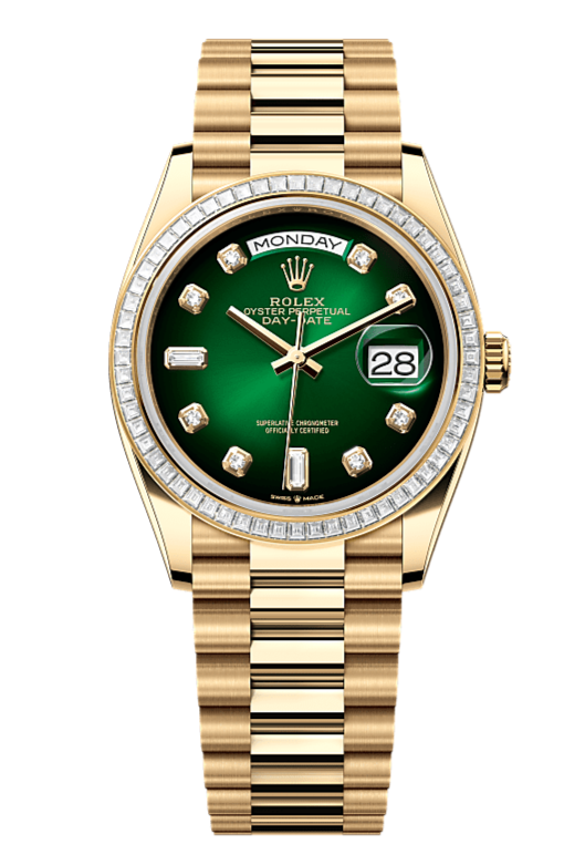 Day-Date 36 Oyster, 36 mm, yellow gold and diamonds, Green dial with Diamond Indexes 128398TBR