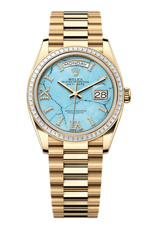 Day-Date 36 Oyster, 36 mm, yellow gold and diamonds, Turquoise 128398TBR