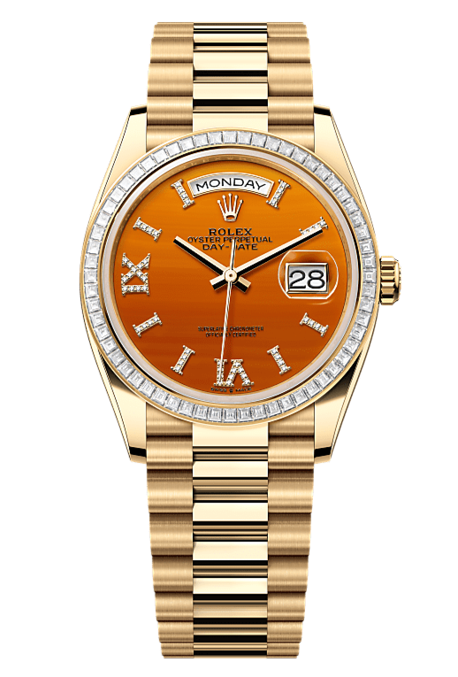 Day-Date 36 Oyster, 36 mm, yellow gold and diamonds, Carnelian 128398TBR