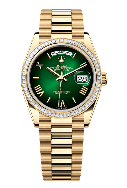 Day-Date 36 Oyster, 36 mm, yellow gold and diamonds, Green dial with Roman Indexes 128398TBR