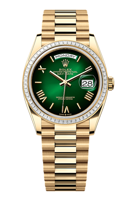 Day-Date 36 Oyster, 36 mm, yellow gold and diamonds, Green dial with Roman Indexes 128398TBR