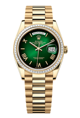 Day-Date 36 Oyster, 36 mm, yellow gold and diamonds, Green dial with Roman Indexes 128398TBR