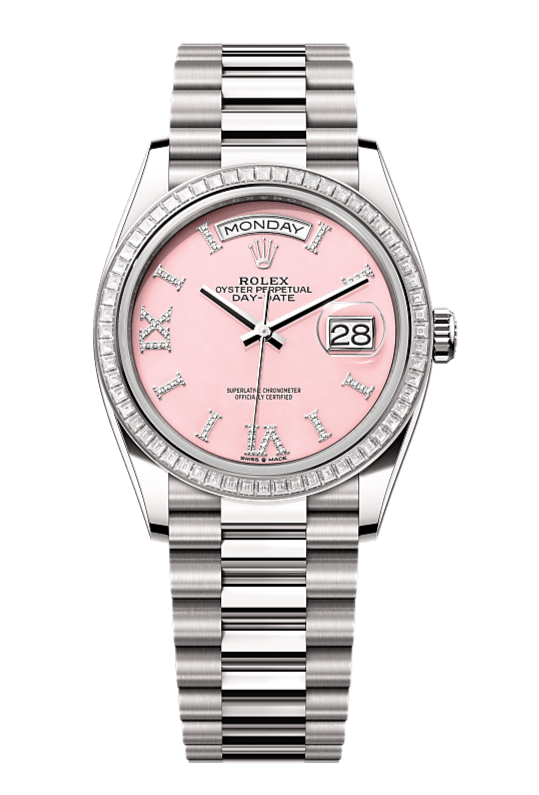 Day-Date 36 Oyster, 36 mm, white gold and diamonds, Pink dial with Roman Indexes 128399TBR