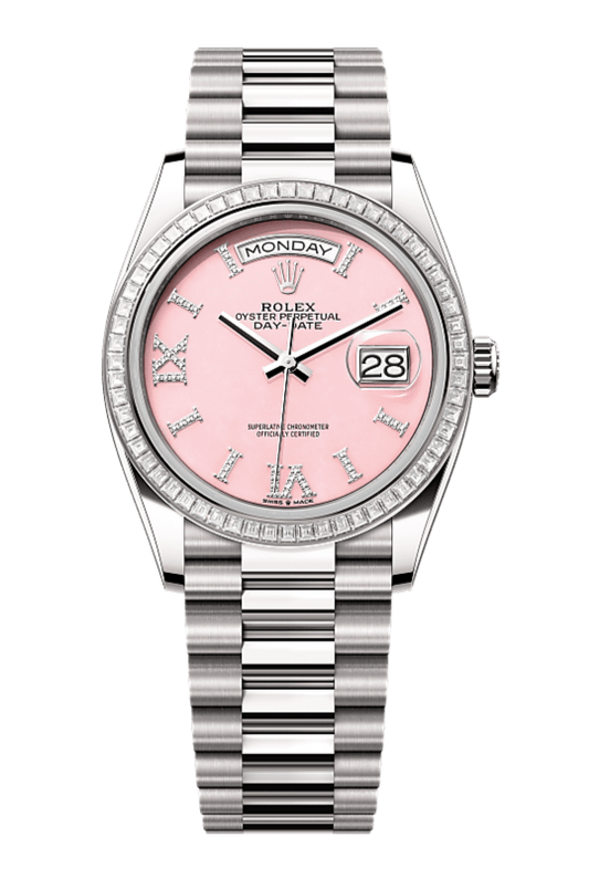 Day-Date 36 Oyster, 36 mm, white gold and diamonds, Pink dial with Roman Indexes 128399TBR