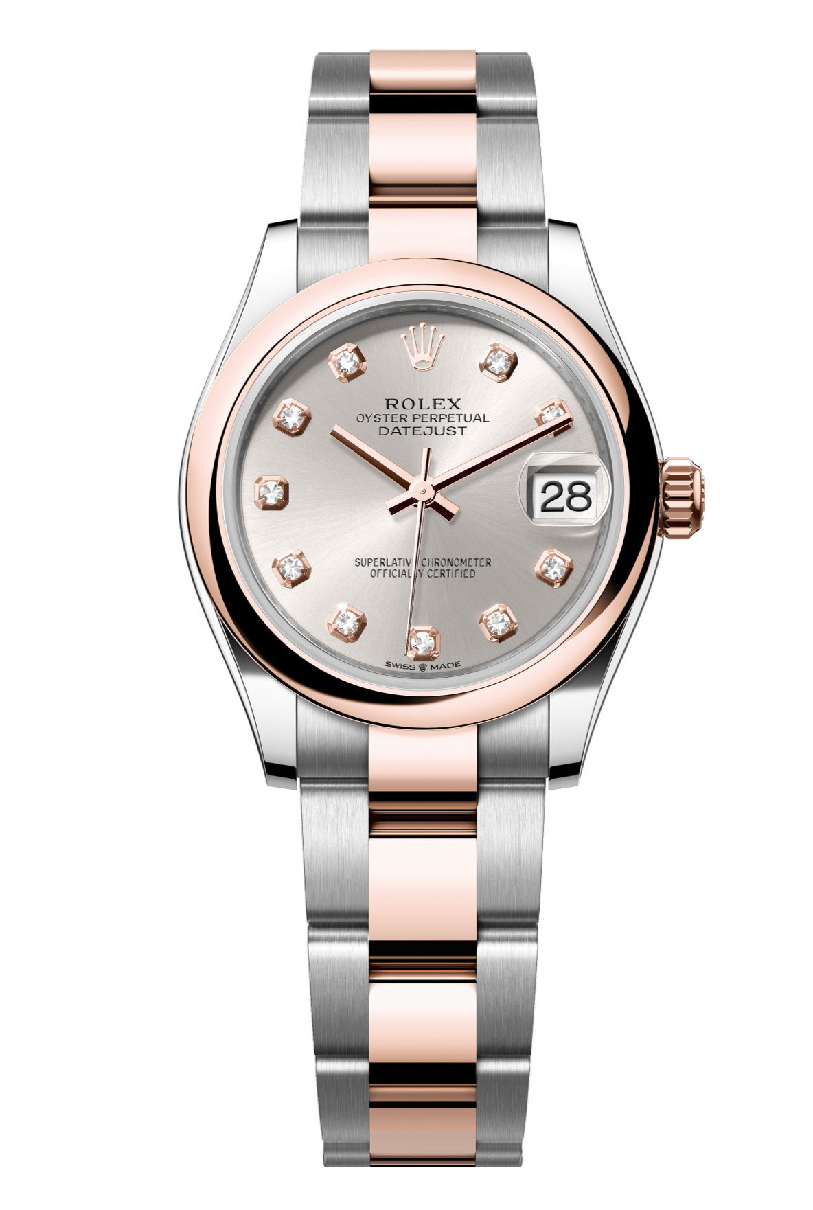 Rolex Oyster Perpetual Datejust 31 in Oystersteel and Everose gold features a silver, diamond-set dial and an Oyster bracelet 278241-Silver