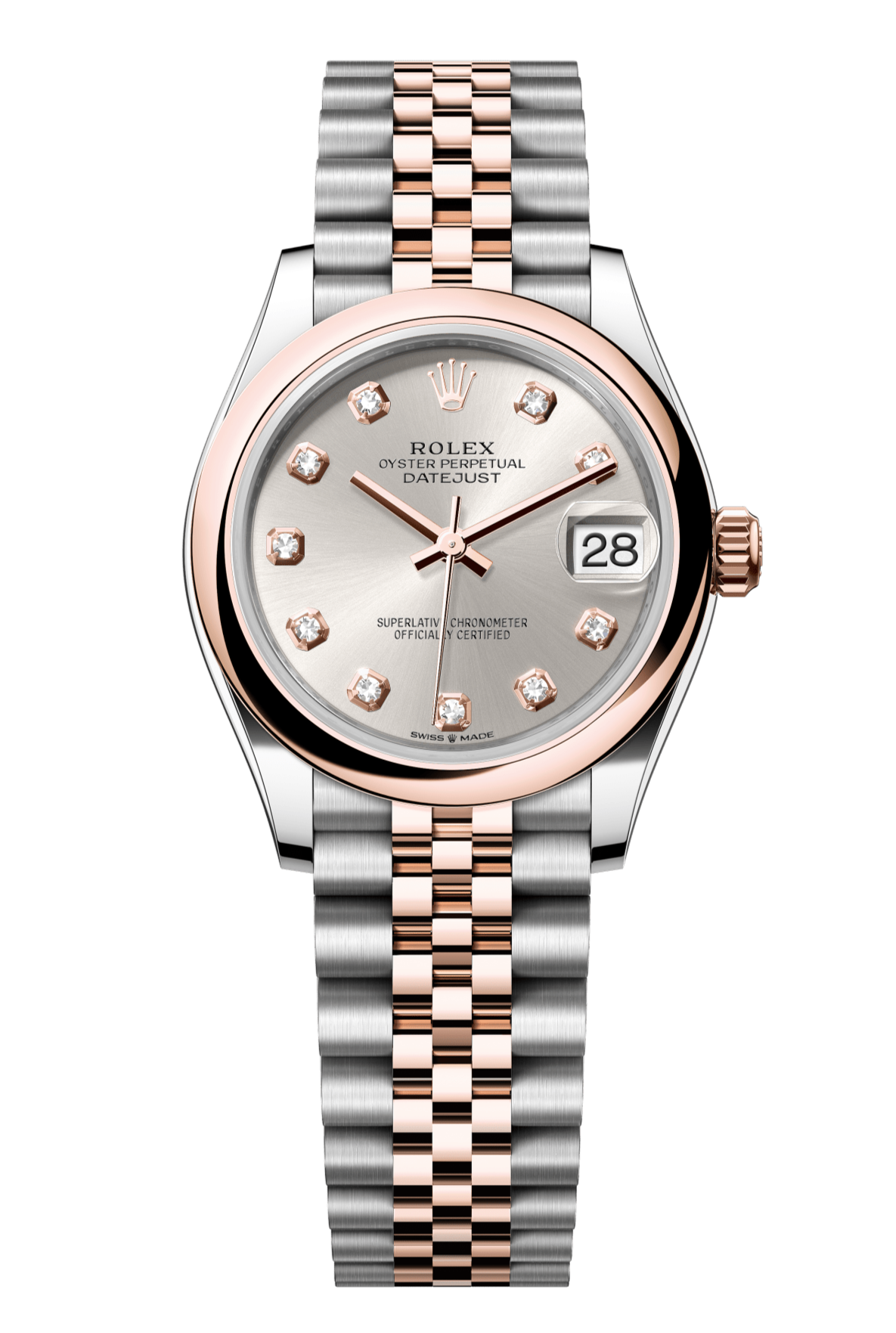 Rolex Oyster Perpetual Datejust 31 in Oystersteel and Everose gold features a silver, diamond-set dial and a Jubilee bracelet 278241-Silver 1