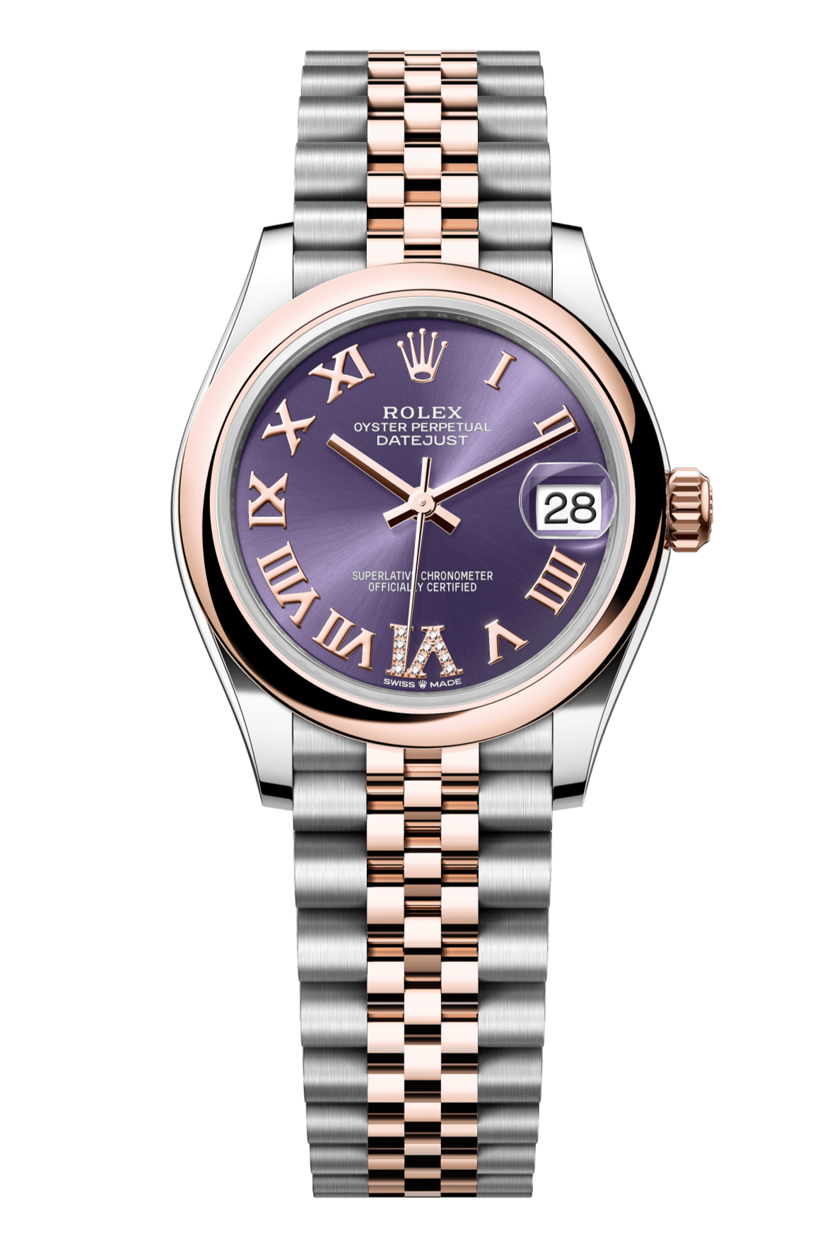 Rolex Oyster Perpetual Datejust 31 in Oystersteel and Everose gold features an aubergine, diamond-set dial and a Jubilee bracelet 278241-Aubergine 1