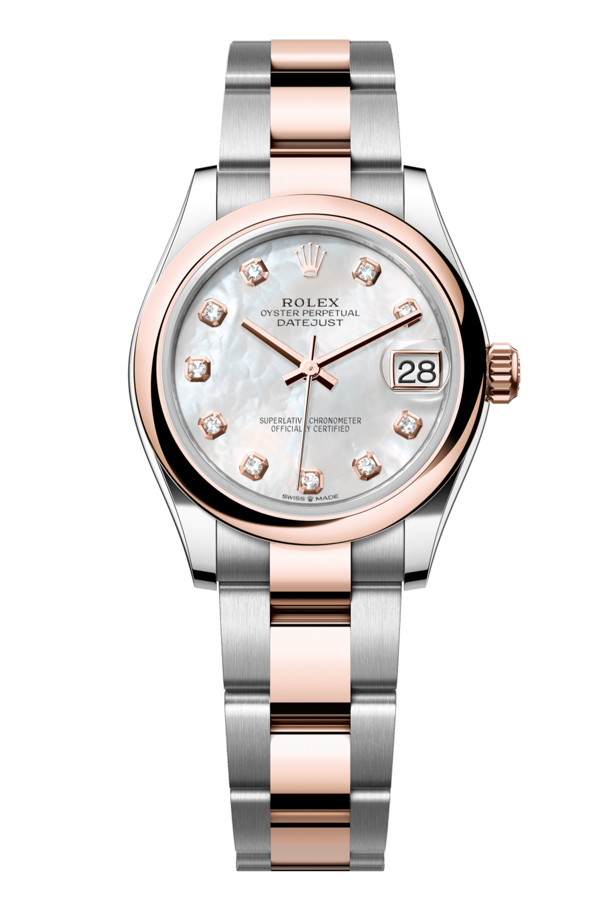 Rolex Oyster Perpetual Datejust 31 in Oystersteel and Everose gold features a white mother-of-pearl, diamond-set dial and an Oyster bracelet 278241-Mother of Pearl