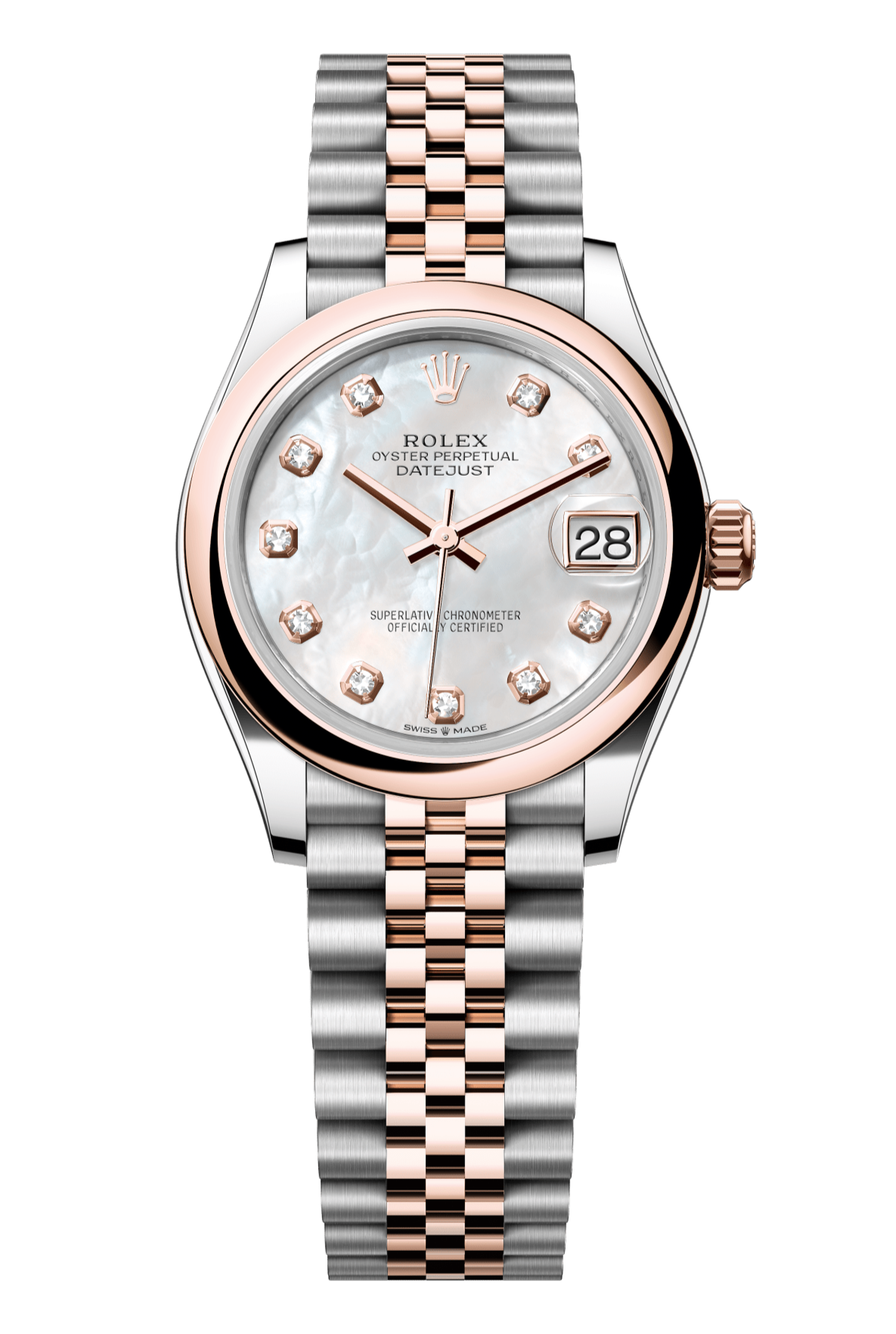 Rolex Oyster Perpetual Datejust 31 in Oystersteel and Everose gold features a white mother-of-pearl, diamond-set dial and a Jubilee bracelet. 278241-Mother of Pearl 1