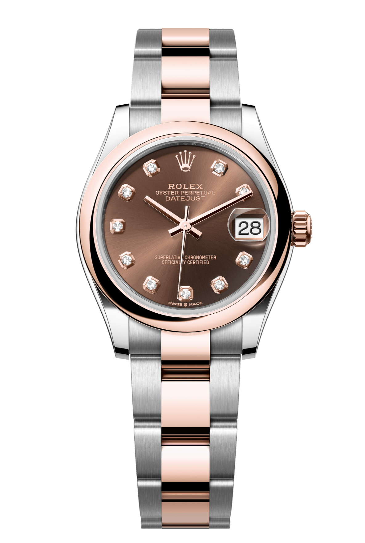 Rolex Oyster Perpetual Datejust 31 in Oystersteel and Everose gold features a chocolate, diamond-set dial and an Oyster bracelet. 278241-Chocolate 2