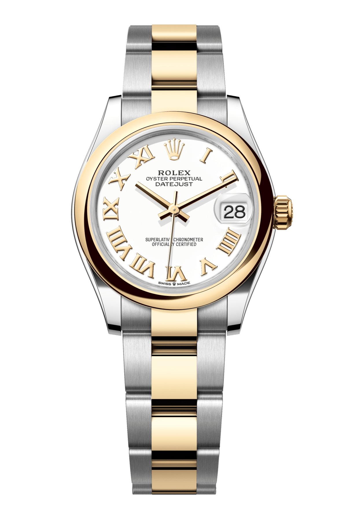 Rolex Oyster Perpetual Datejust 31 in Oystersteel and yellow gold features a white dial and an Oyster bracelet. 278243-White 1