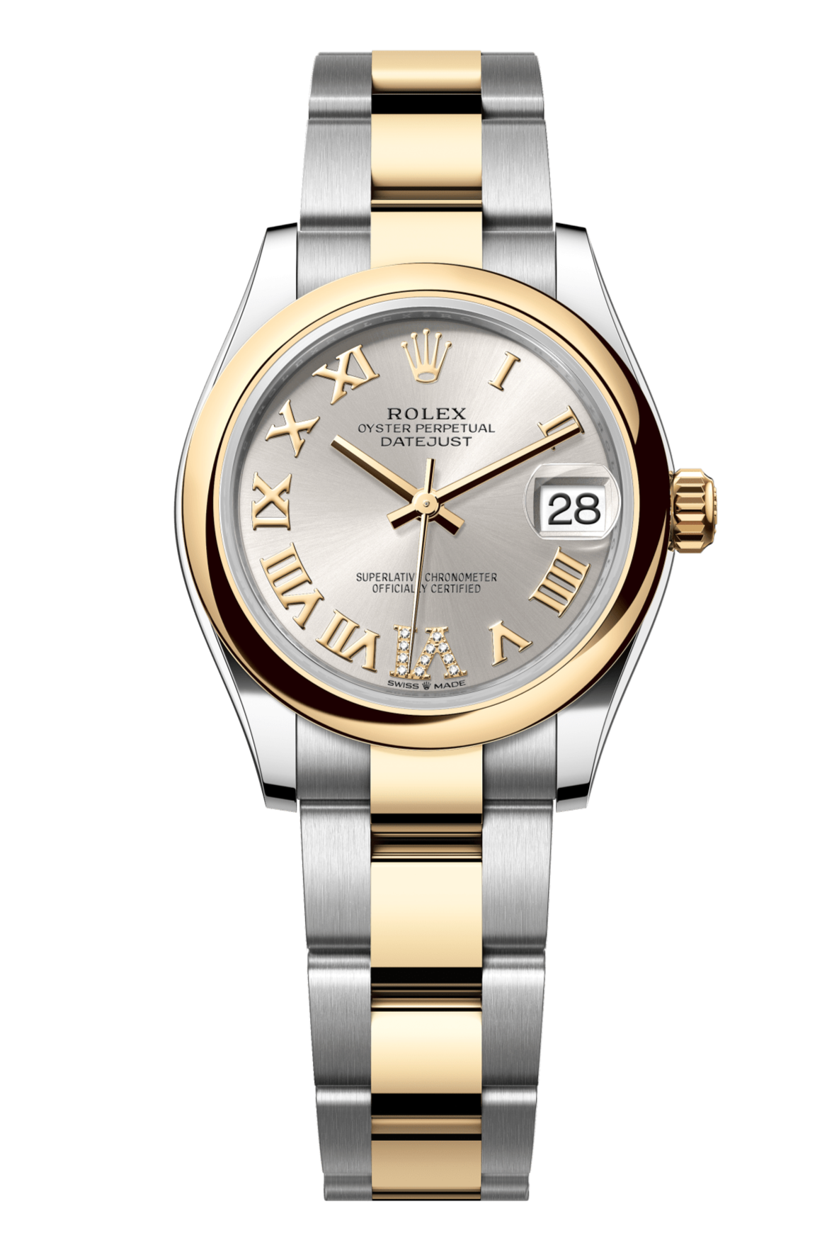 Rolex Oyster Perpetual Datejust 31 in Oystersteel and yellow gold features a silver, diamond-set dial and an Oyster bracelet. 278243-Silver